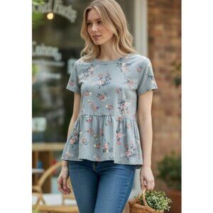 SWEET TEA’S Blue Green Floral Print Peplum Short Sleeved Top Ladies SMALL